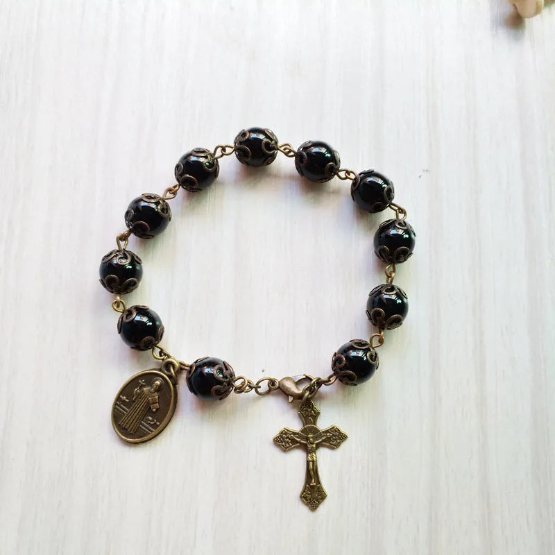 Vintage Bronze Rosary Bracelet Saint Benedict Crucifix