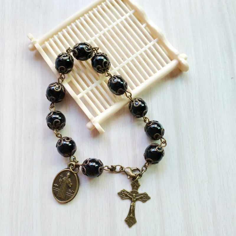 Vintage Bronze Rosary Bracelet Saint Benedict Crucifix