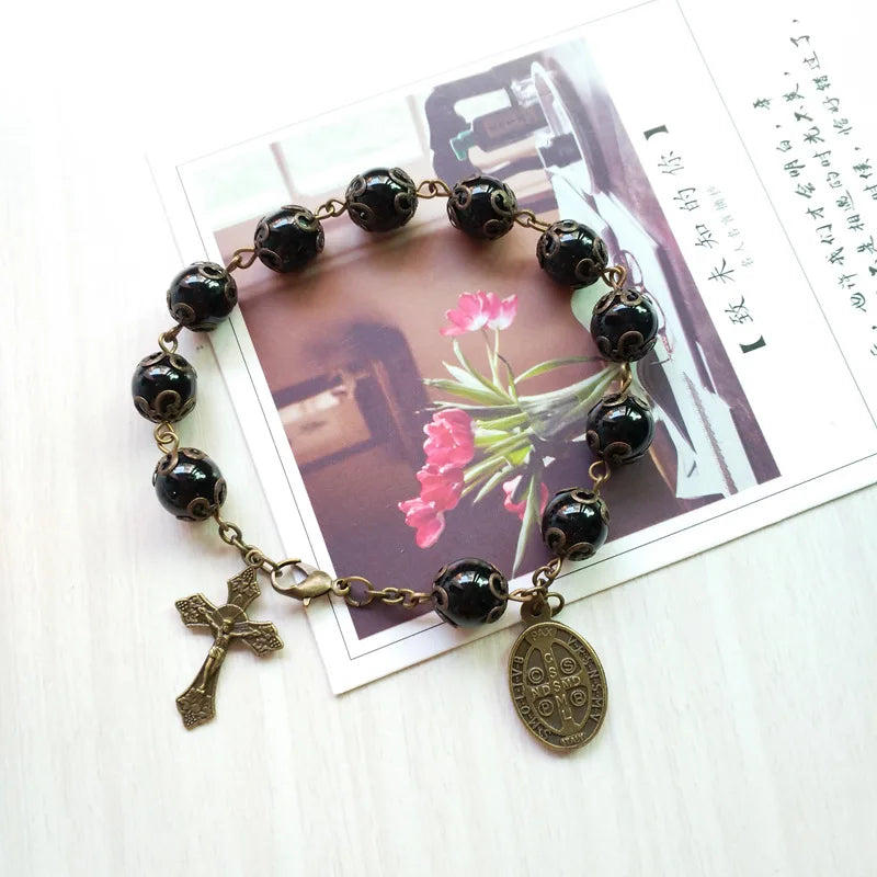 Vintage Bronze Rosary Bracelet Saint Benedict Crucifix