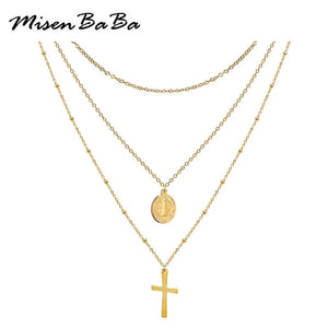 Catholic Jesus Cross Necklace Layered Choker Stainless Steel Christian Jewelry