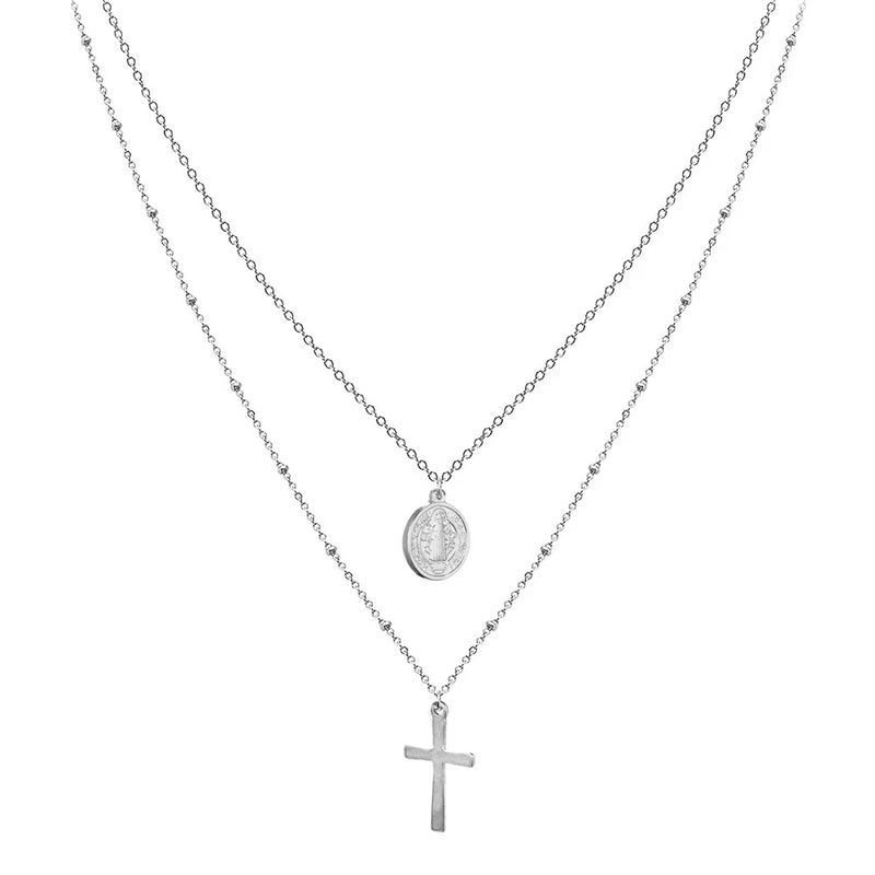 Catholic Jesus Cross Necklace Layered Choker Stainless Steel Christian Jewelry