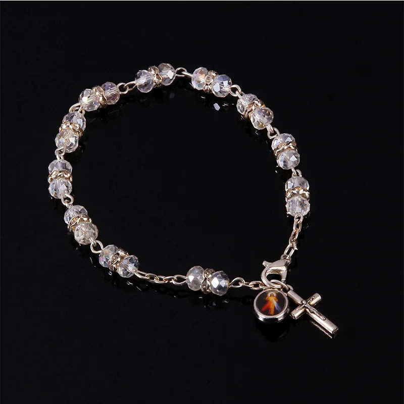 Catholic Crystal Cross Rosary Bracelet, Prayer Blessing Crystal Cross Bracelet