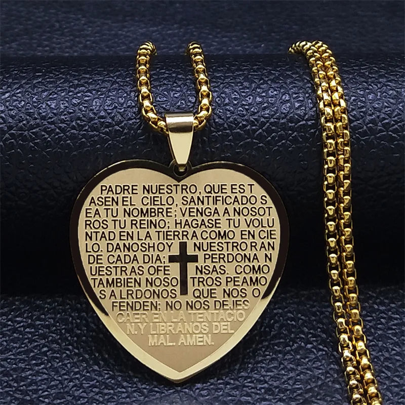 Catholic Bible Verse Cross Heart Necklace in Spanish