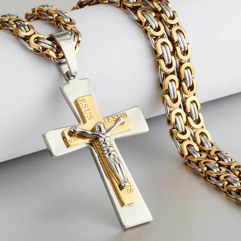 Catholic Jesus Christ Cross Necklace Silver Crucifix Long Chain Pendant