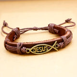 Catholic Church Leather Bracelet Jesus Fish Bible Bangle Pulseira Masculina