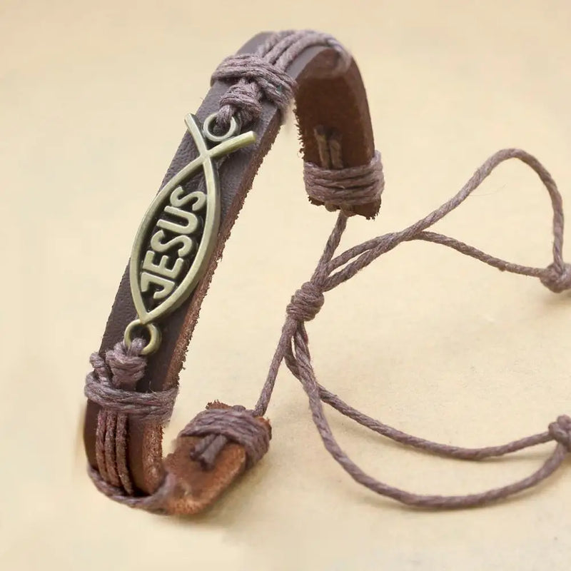 Catholic Church Leather Bracelet Jesus Fish Bible Bangle Pulseira Masculina