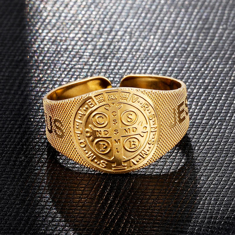 St.Benedict Adjustable Bangle & Ring Set Stainless Steel San Benito Jewelry
