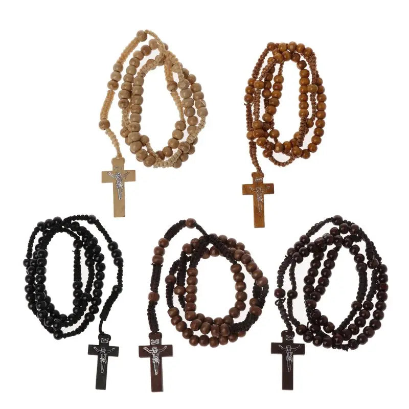 Catholic Wooden Beads Rosary Necklace with Jesus Cross