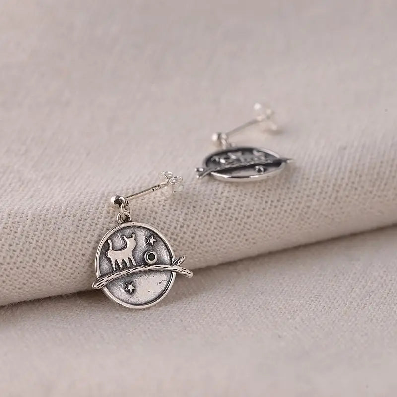 Cats Trees Silver Stud Earrings Vintage Pendientes Unusual