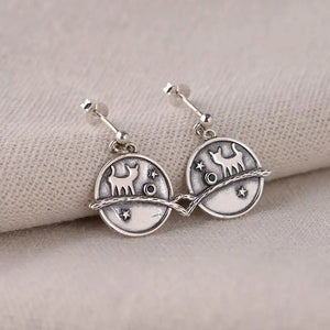 Cats Trees Silver Stud Earrings Vintage Pendientes Unusual