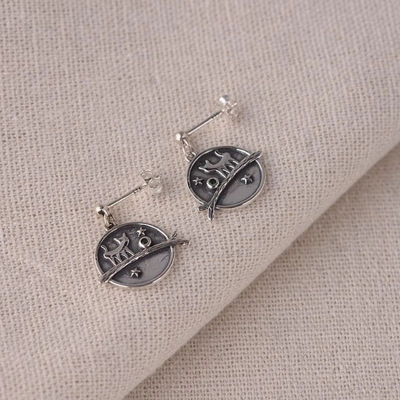 Cats Trees Silver Stud Earrings Vintage Pendientes Unusual