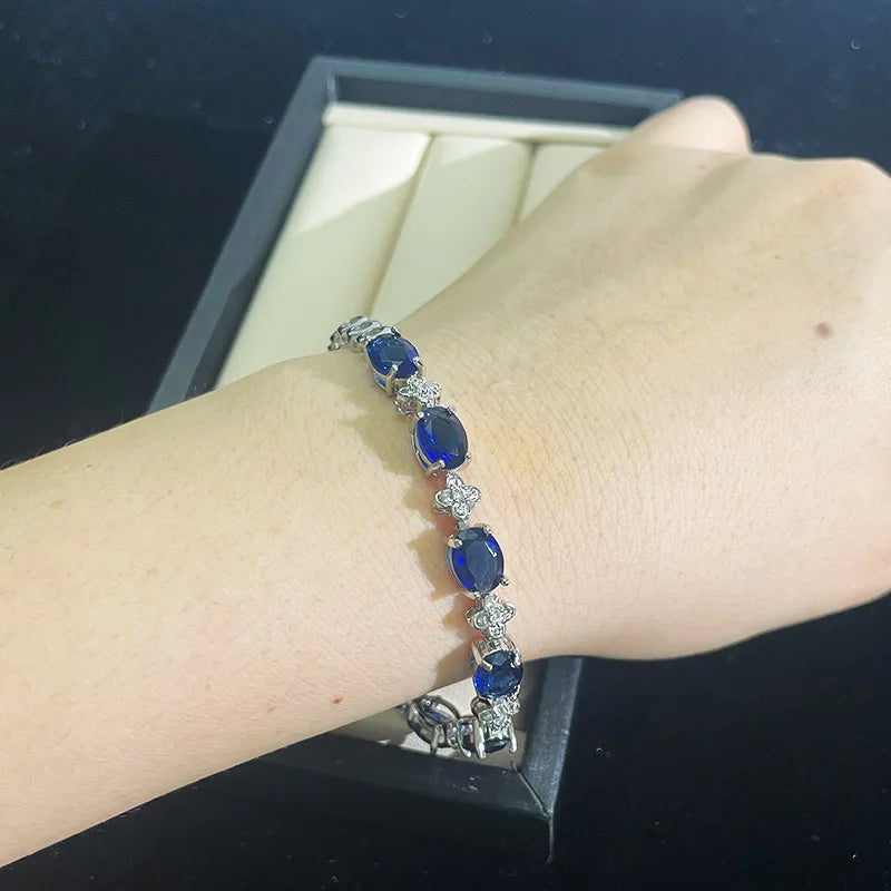 925 Silver Bracelet Woman Sapphire Gemstone Fine Jewelry Gift