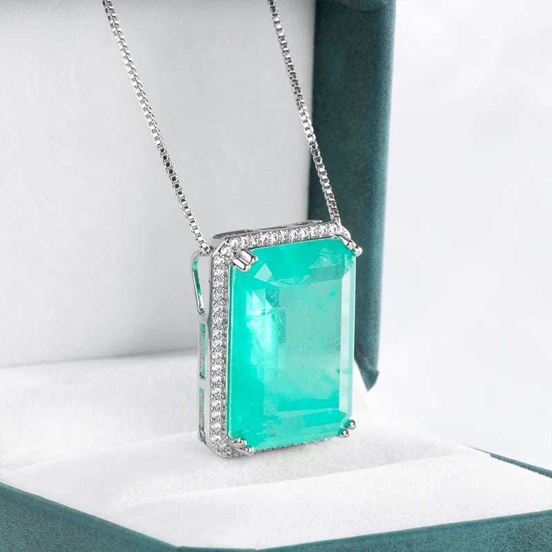 925 Silver Pendant Necklace with Emerald Paraiba Gemstones