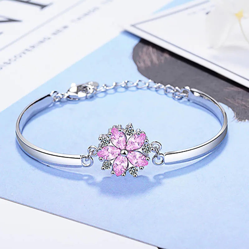 Cellacity Flower Bracelet Silver 925 Pink Crystal AAAAA Zircon Fresh Style Party