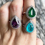 Vintage Silver Ring with Water Drop Gemstone, Wedding Party Size 6-10
