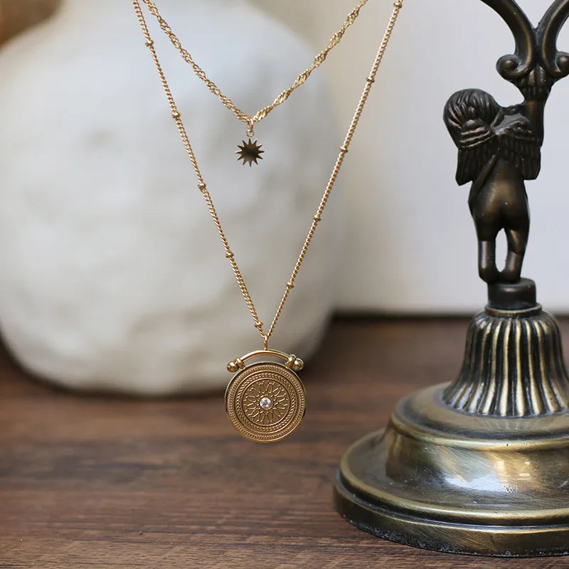 Vintage Roman Engraved Coin Pendant Layered Star Necklace