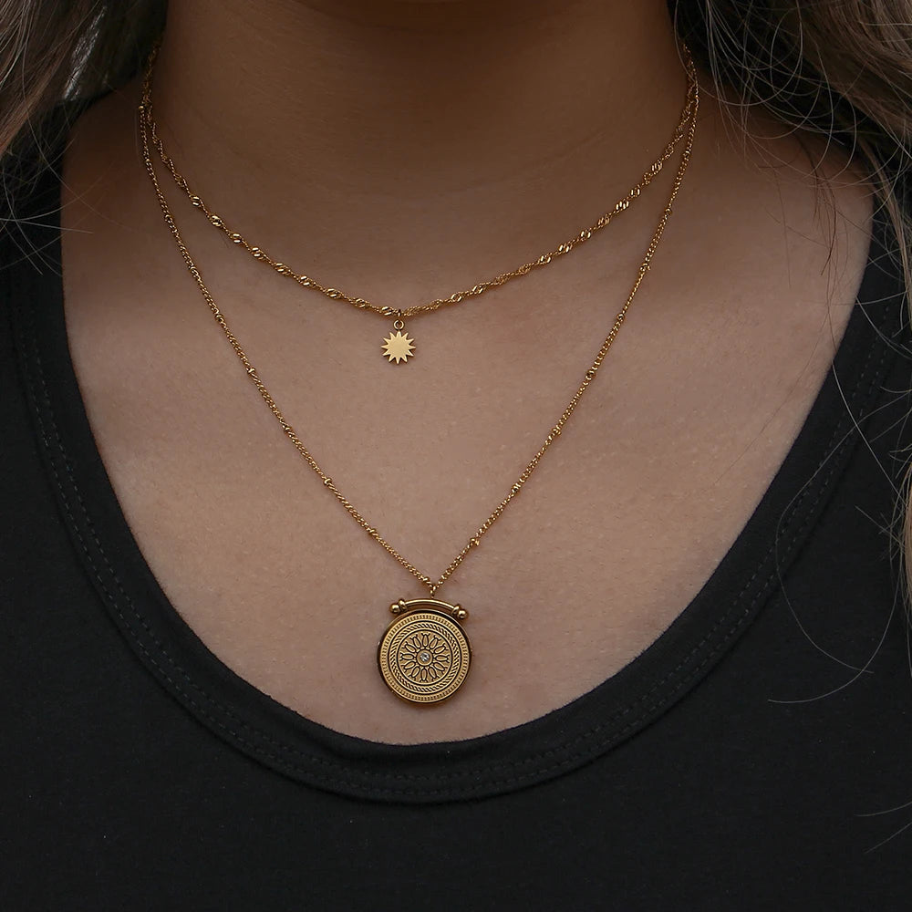 Vintage Roman Engraved Coin Pendant Layered Star Necklace