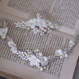 Ceramic Flower Bridal Hair Comb Vine Silver Leaf Wedding Headband