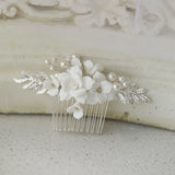 Ceramic Flower Bridal Hair Comb Vine Silver Leaf Wedding Headband