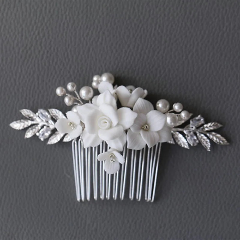 Ceramic Flower Bridal Hair Comb Vine Silver Leaf Wedding Headband