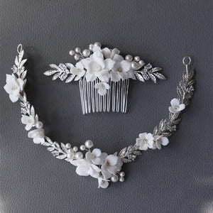 Ceramic Flower Bridal Hair Comb Vine Silver Leaf Wedding Headband