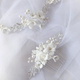 Ceramic Flower Bridal Hair Comb Vine Silver Leaf Wedding Headband
