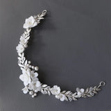 Ceramic Flower Bridal Hair Comb Vine Silver Leaf Wedding Headband