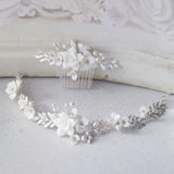 Ceramic Flower Bridal Hair Comb Vine Silver Leaf Wedding Headband