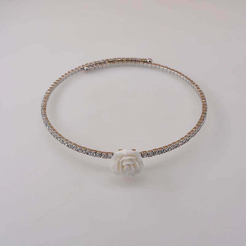 Ceramic Flower Crystal Choker Necklace Collar Statement Silver Necklace Women