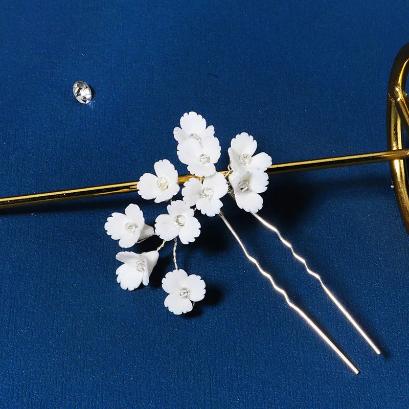Ceramic Flower Hair Pins Silver Jewelry Bridal Wedding Hair Accessories