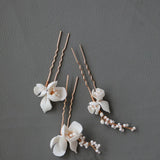 Ceramic Flower Leaf Bridal Hair Pins Set Silver Beads Wedding Headpiece Earrings