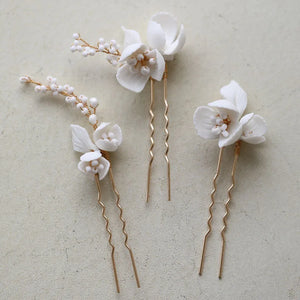 Ceramic Flower Leaf Bridal Hair Pins Set Silver Beads Wedding Headpiece Earrings