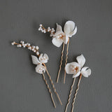 Ceramic Flower Leaf Bridal Hair Pins Set Silver Beads Wedding Headpiece Earrings