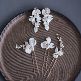 Ceramic Flower Leaf Bridal Hair Pins Set Silver Beads Wedding Headpiece Earrings