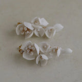 Ceramic Flower Leaf Bridal Hair Pins Set Silver Beads Wedding Headpiece Earrings
