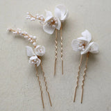Ceramic Flower Leaf Bridal Hair Pins Set Silver Beads Wedding Headpiece Earrings