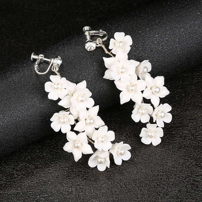 Ceramic Flower Pearl Clip On Earrings for Women Accessories