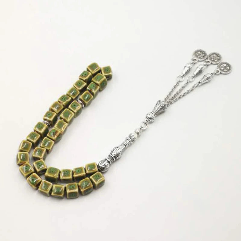 Ceramic Tasbih Green 33 Beads Two Tesbih Metal Tassels Bracelets Special Gift