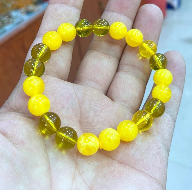 10mm Natural Yellow&Green Round Mexican Amber Beeswax Bracelet