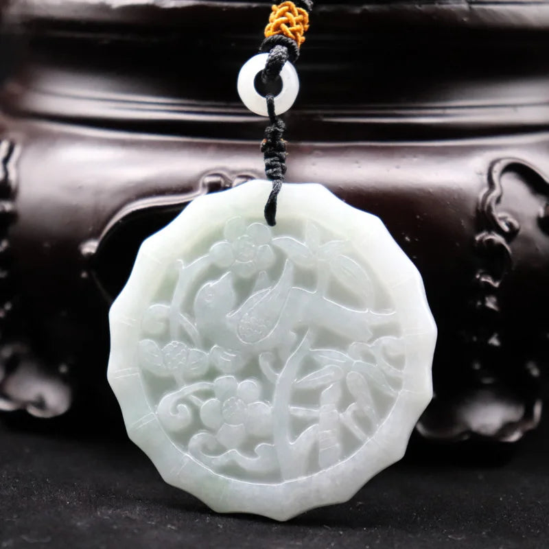 Natural A Jadeite Jade Emerald Carved Bird Flower Pendant Necklace Pendants