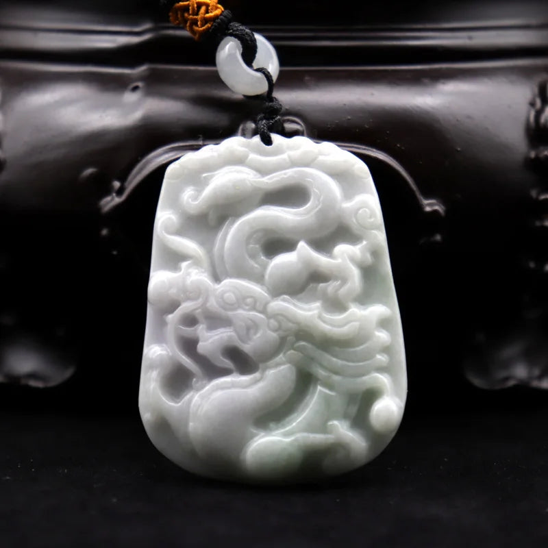 Natural Myanmar Emerald Jadeite Jade Dragon Pendant Necklace