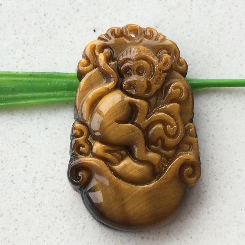 Natural Petrified Wood Tiger Eye Stone Carved Monkey Pendant