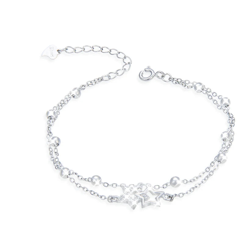 925 Silver Star Charm Bracelet Beads Sweet Girls Double Chains Gift