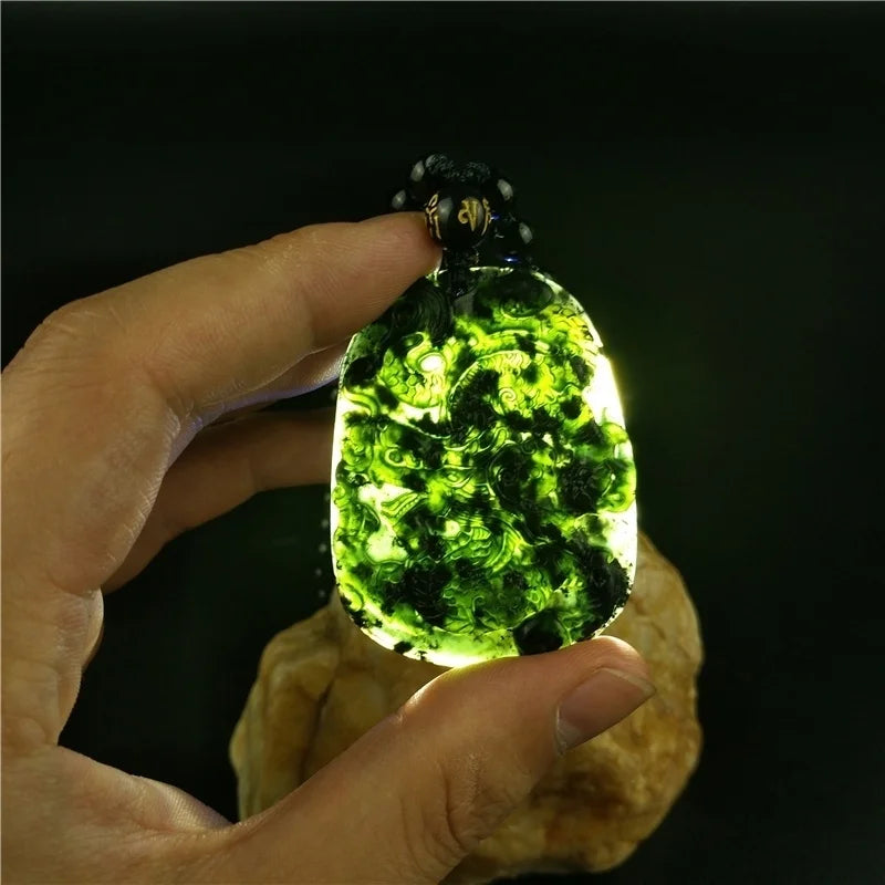 Chinese Green Jade Dragon Pendant Necklace Lucky Amulet Charm