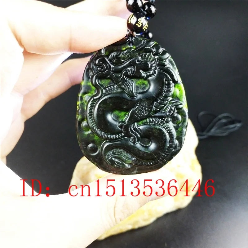 Chinese Natural Green Jade Dragon Pendant Necklace Hand-Carved Lucky Amulet