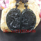 Chinese Green Jade Dragon Phoenix Pendant Necklace Hand-Carved Lucky Amulet