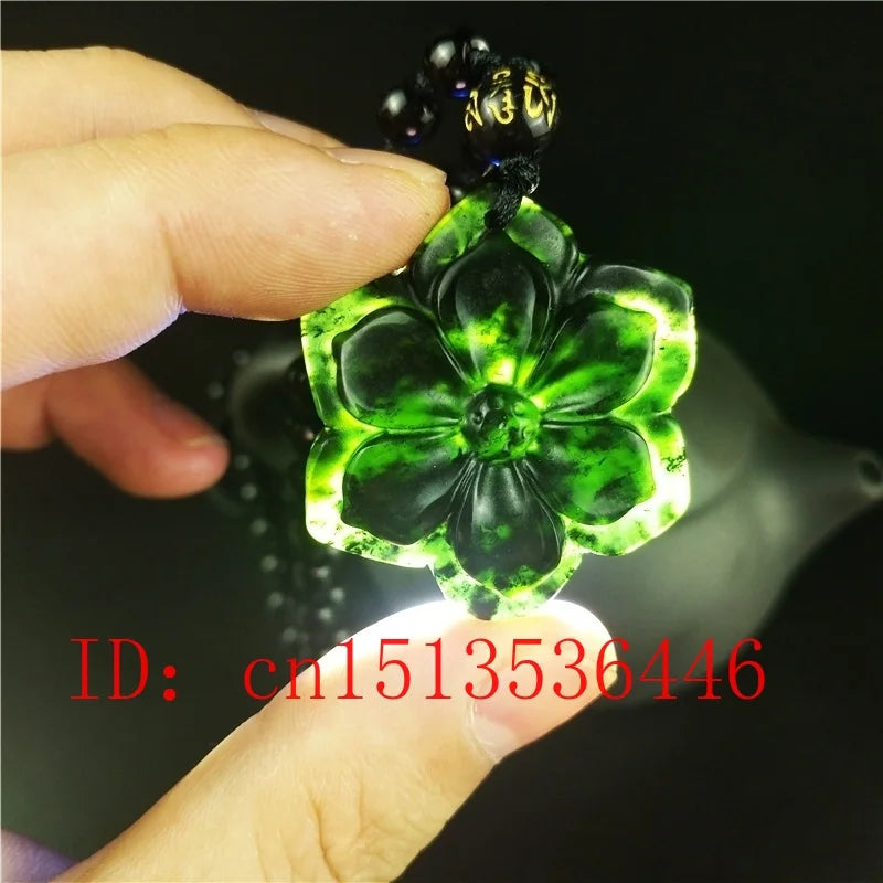 Chinese Natural Green Jade Hexagonal Flower Pendant Necklace Charm Jewellery
