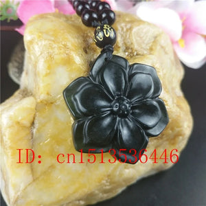 Chinese Natural Green Jade Hexagonal Flower Pendant Necklace Charm Jewellery