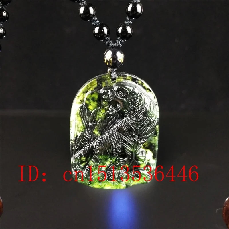 Chinese Natural Green Jade Tiger Pendant Necklace Charm Jewelry