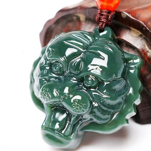 Green Hetian Carved Jade Tiger Head Pendant Necklace for Men